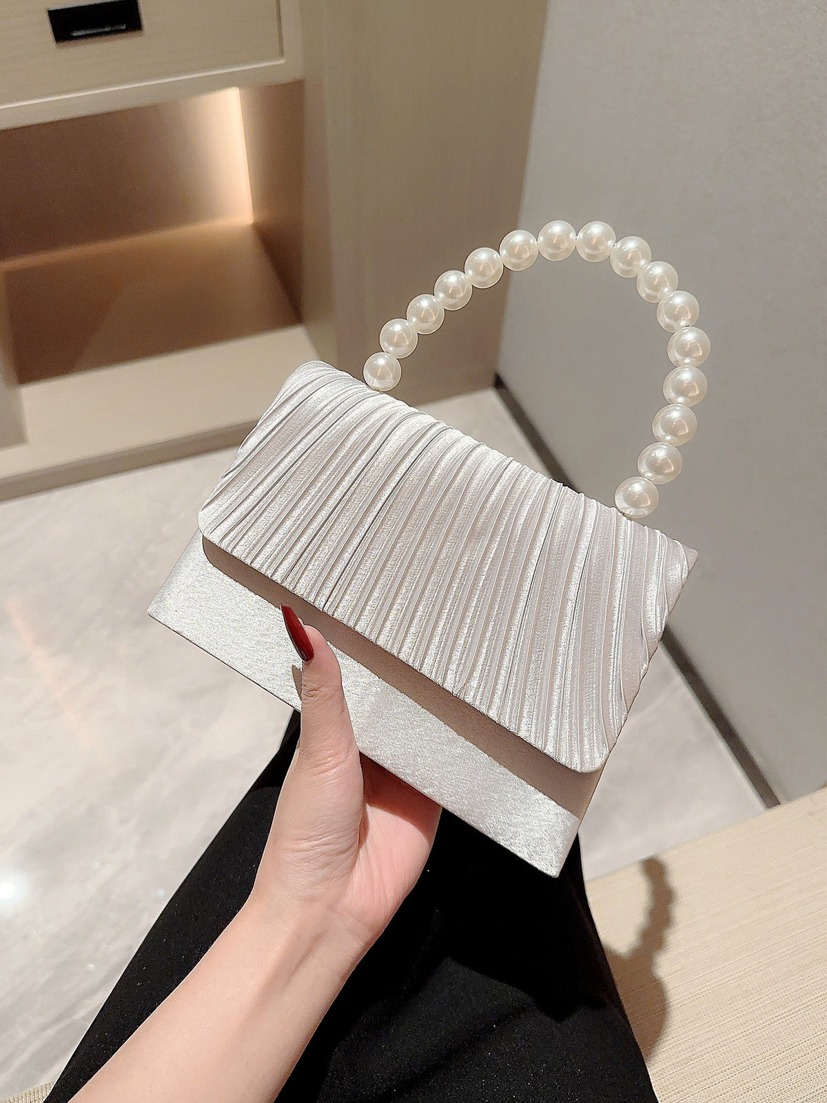 Pearl Handle Pleated Satin Evening Bag - view 5