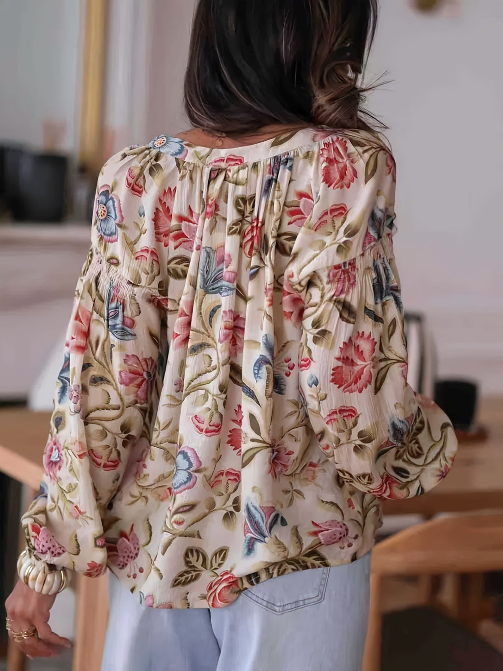 Botanical Floral Plunge Neck Blouson Blouse - Floral - 2