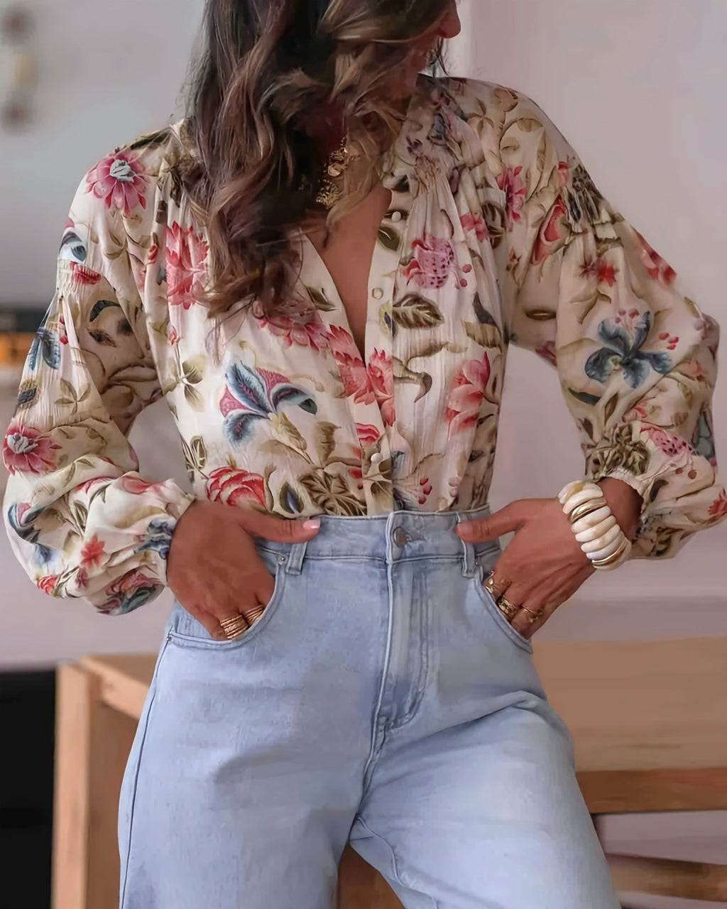 Botanical Floral Plunge Neck Blouson Blouse - Floral - 3