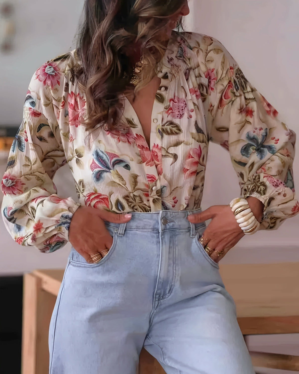 Botanical Floral Plunge Neck Blouson Blouse - Floral - 3