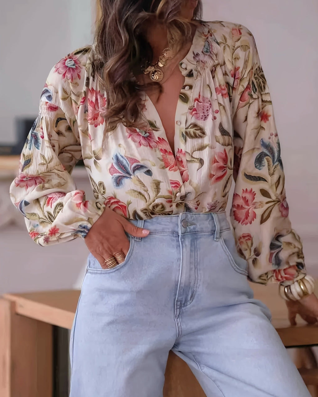 Botanical Floral Plunge Neck Blouson Blouse - Floral - 4