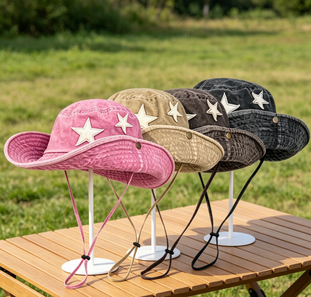 Star Patch Washed Boonie Bucket Hat - Pink