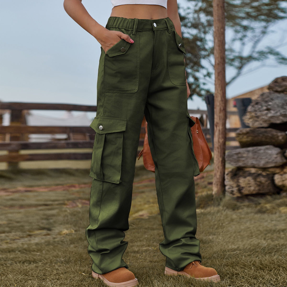Elastic Waist Straight Cargo Pants - Olive