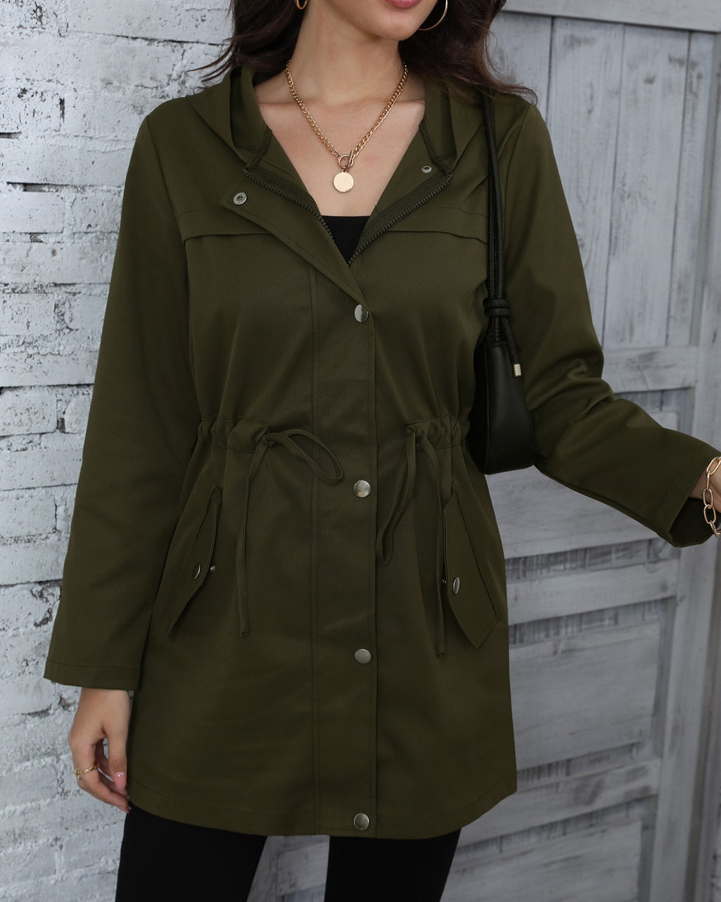 Hooded Drawstring Waist Utility Windbreaker - Green
