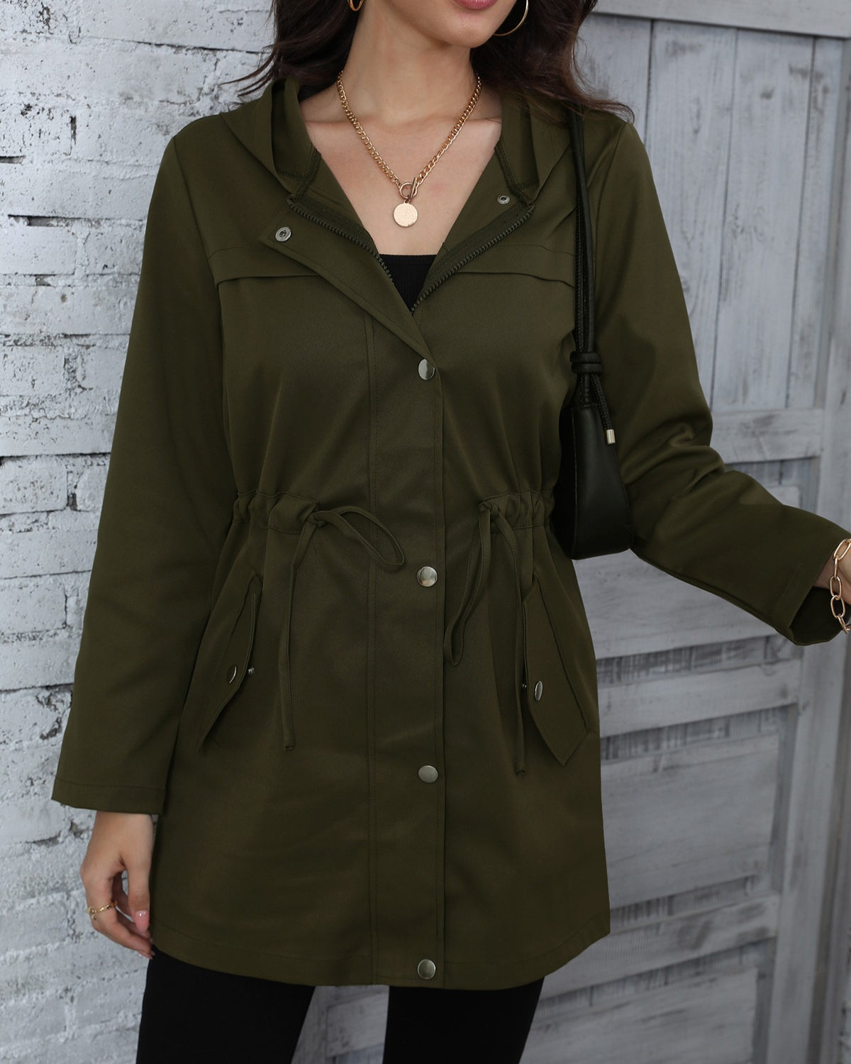 Hooded Drawstring Waist Utility Windbreaker - Green