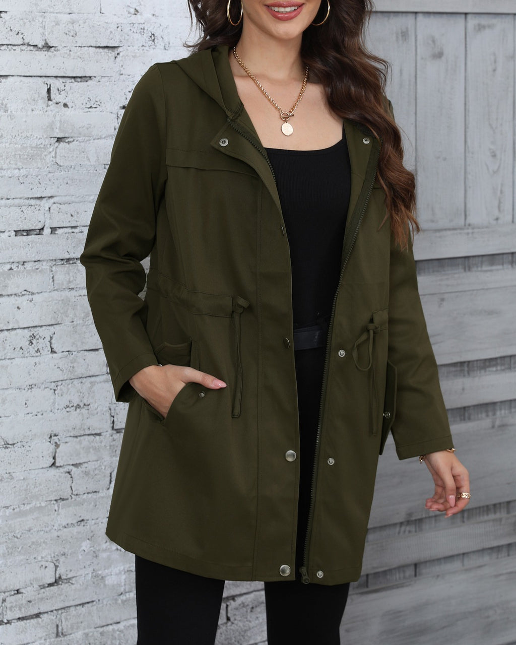Hooded Drawstring Waist Utility Windbreaker - Green - 1