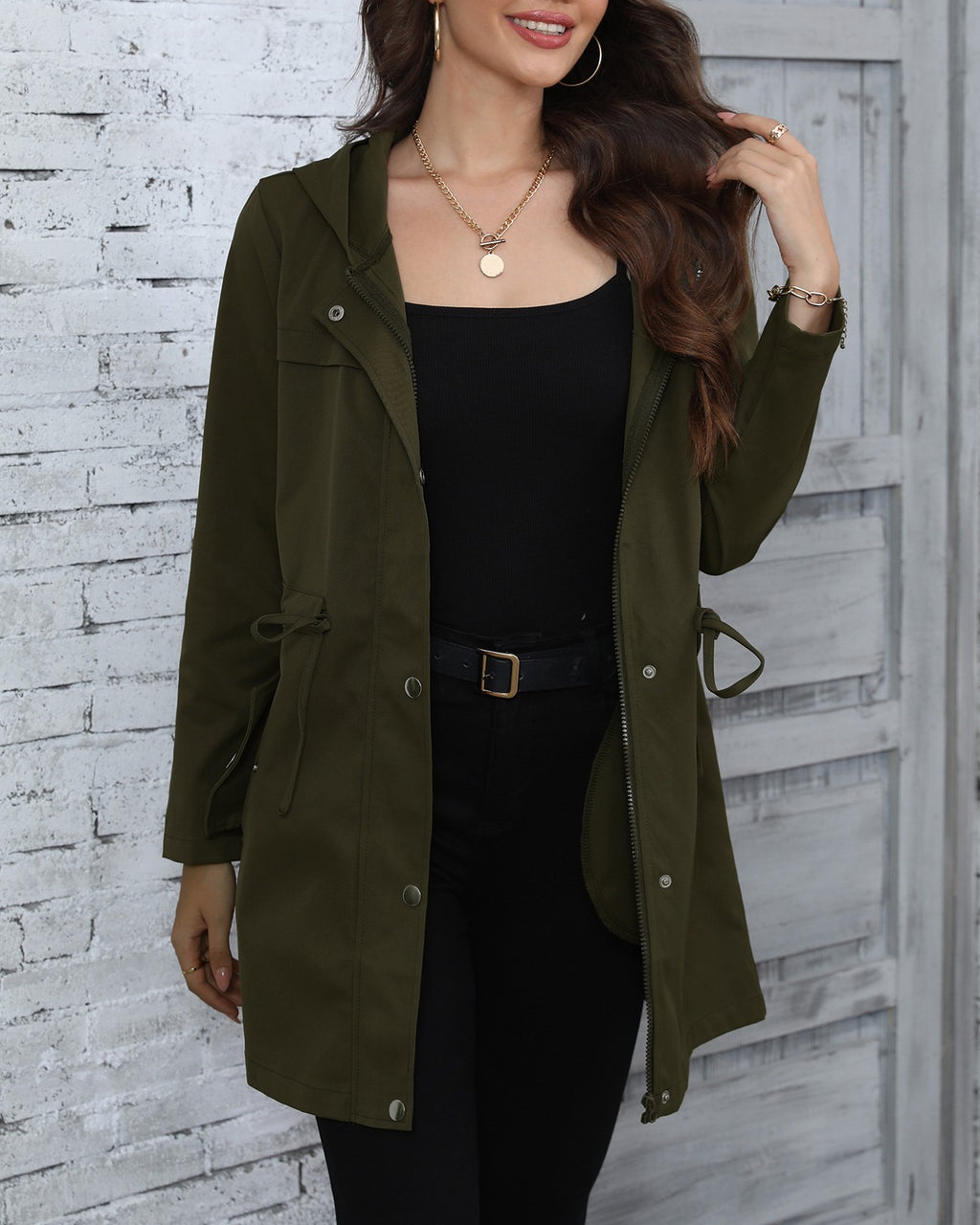 Hooded Drawstring Waist Utility Windbreaker - Green - 2