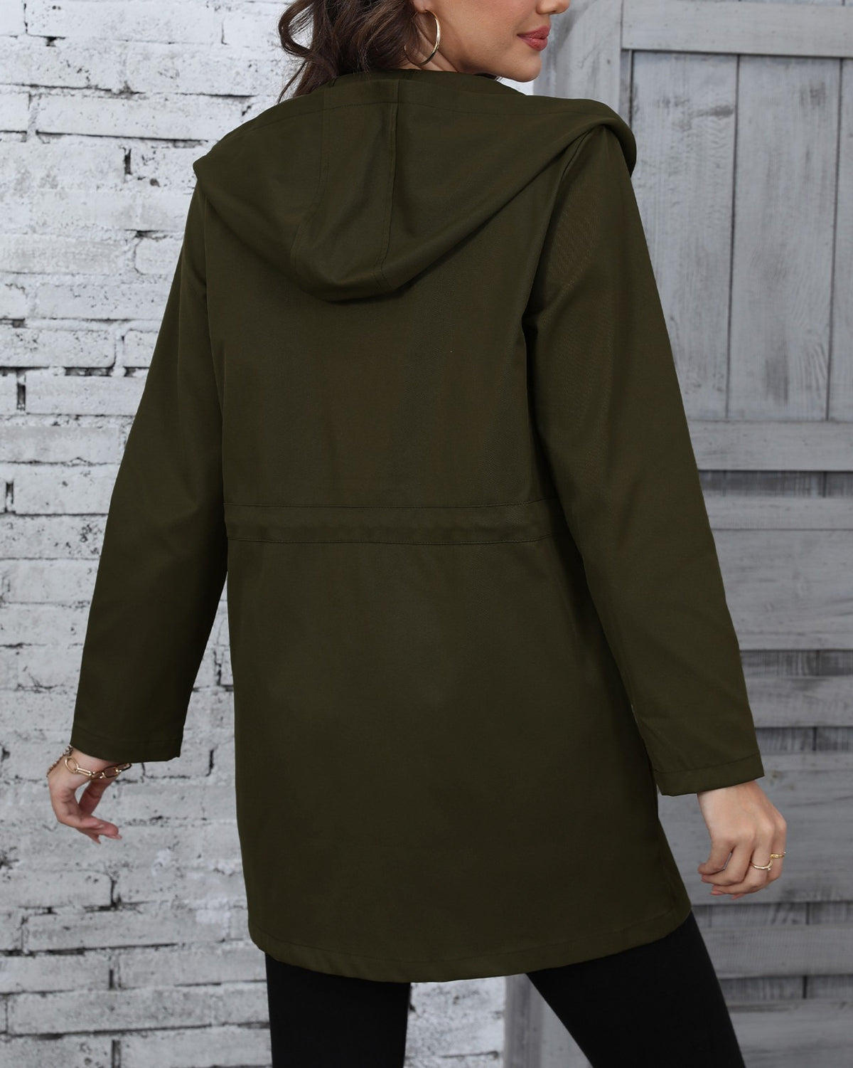 Hooded Drawstring Waist Utility Windbreaker - Green - 3