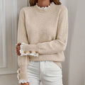 Lace Trim Cuff Round Neck Sweater - Apricot