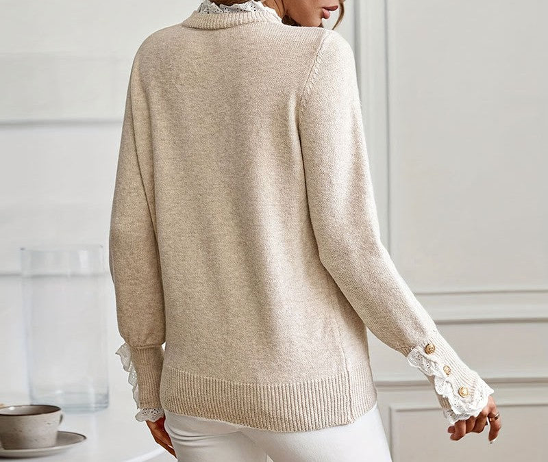 Lace Trim Cuff Round Neck Sweater - view 1