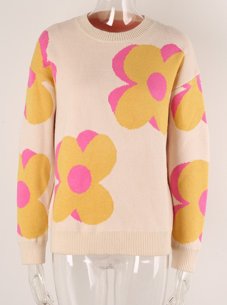 Retro Daisy Jacquard Crew Neck Sweater - Apricot
