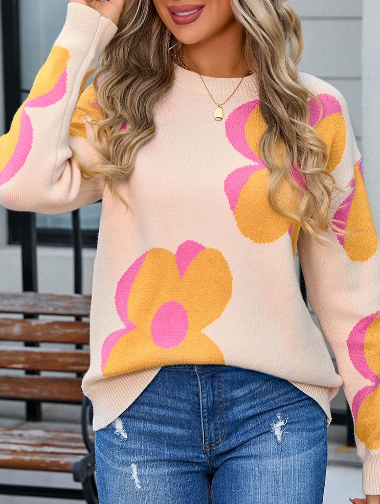 Retro Daisy Jacquard Crew Neck Sweater - Apricot - 2