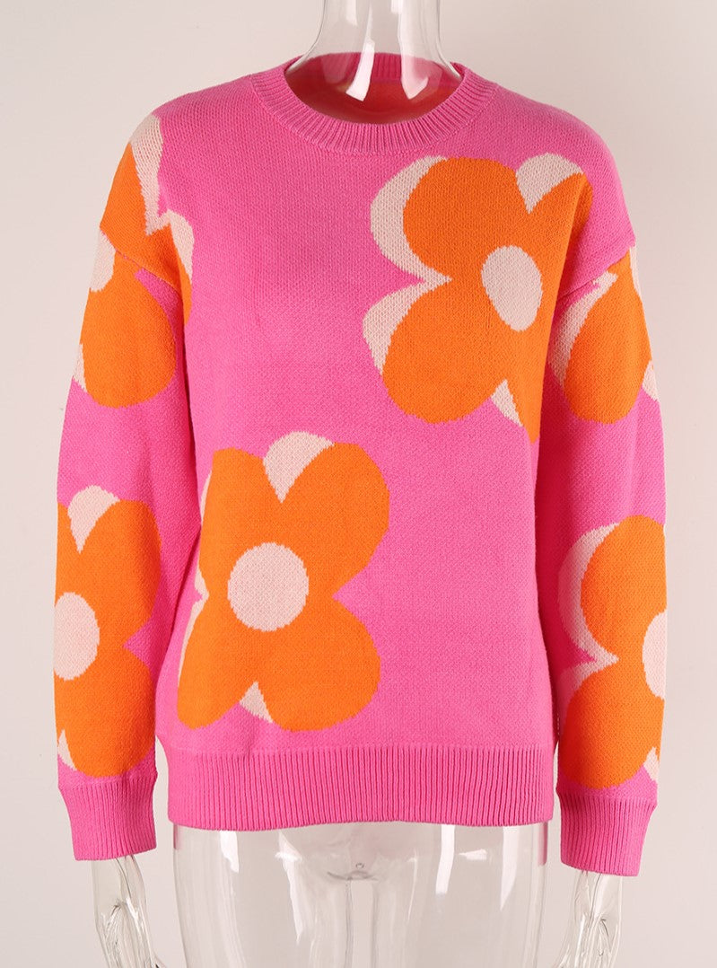 Retro Daisy Jacquard Crew Neck Sweater - Rosered