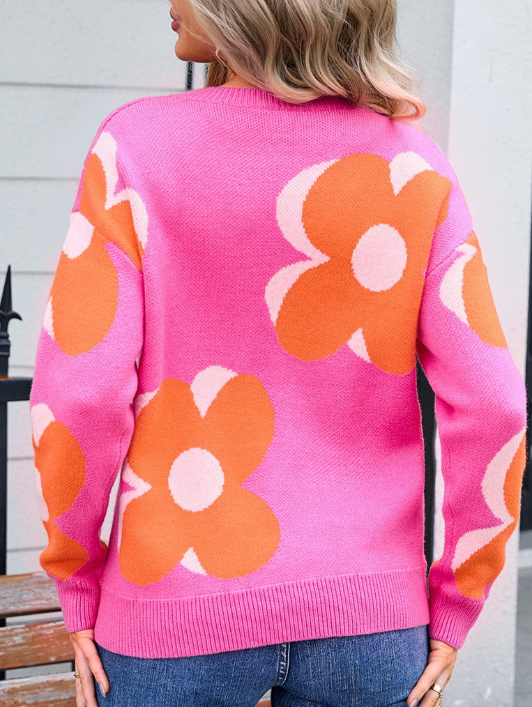 Retro Daisy Jacquard Crew Neck Sweater - Rosered - 2