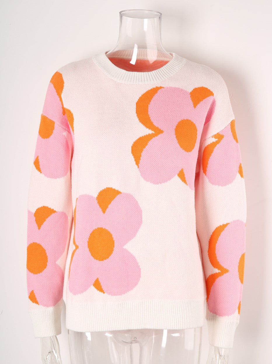 Retro Daisy Jacquard Crew Neck Sweater - White