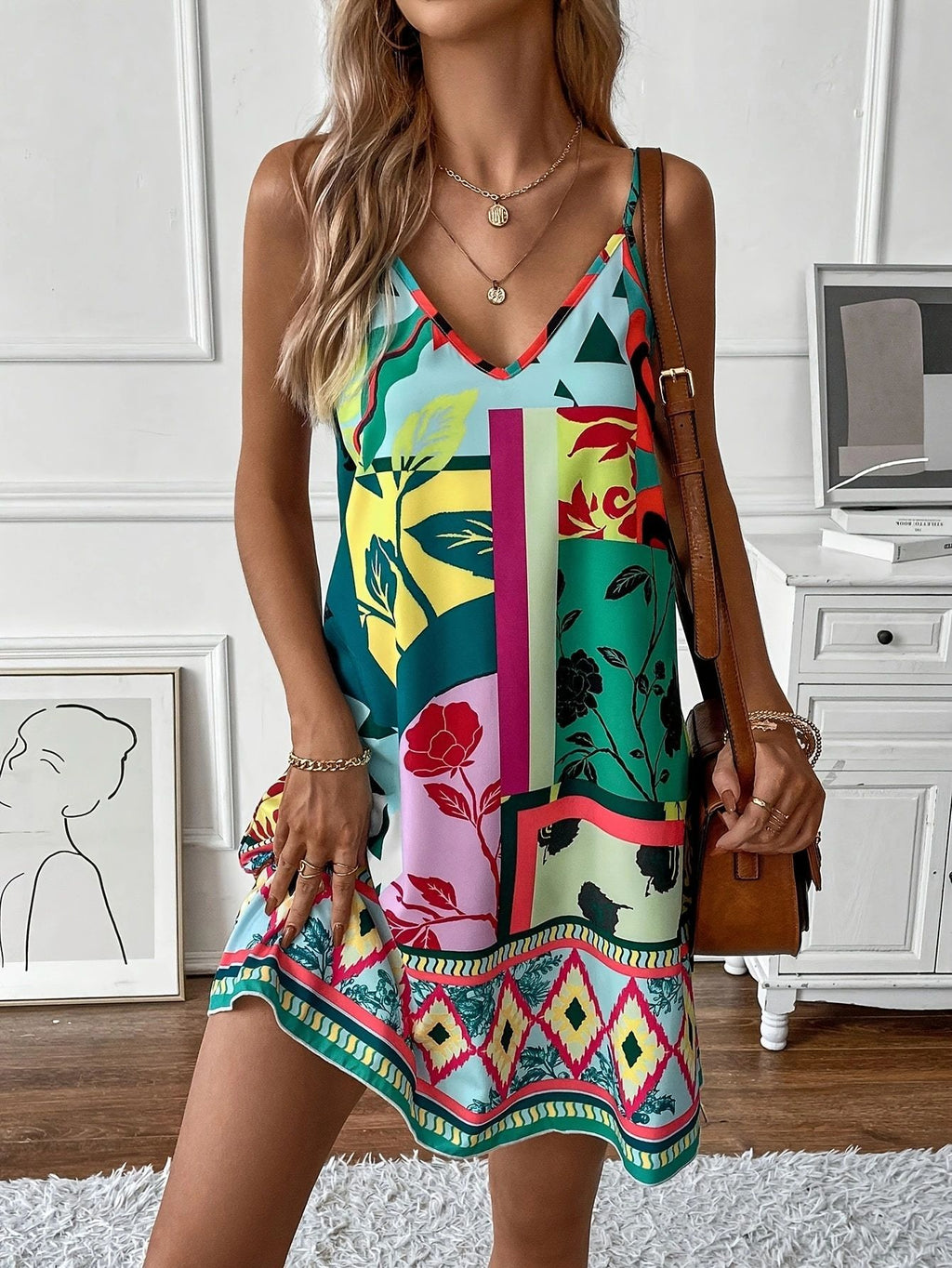 Abstract Print Border Hem Cami Mini Dress - Green