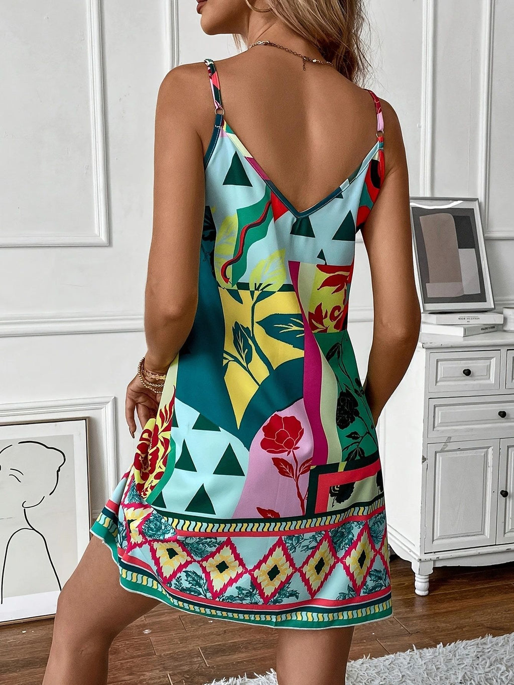 Abstract Print Border Hem Cami Mini Dress - Green - 1