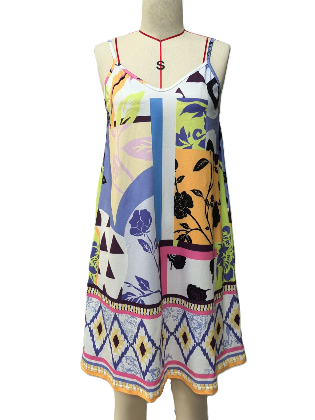 Abstract Print Border Hem Cami Mini Dress - Purple