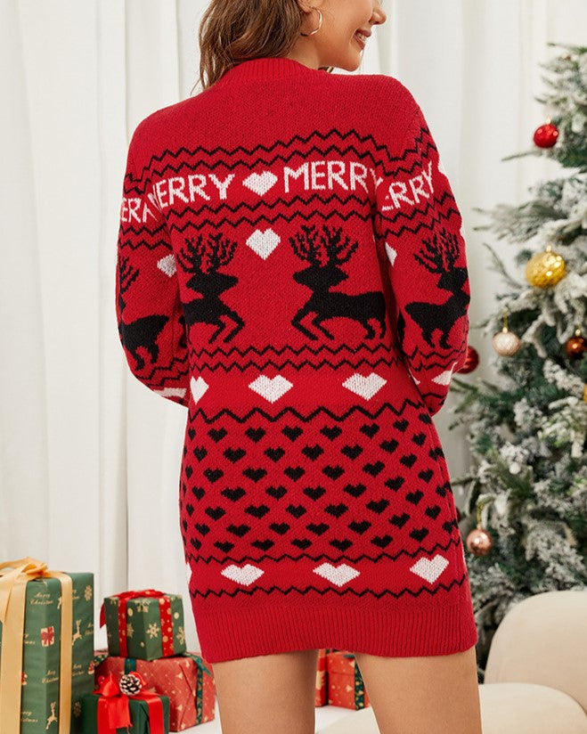 Reindeer Jacquard Christmas Sweater Dress - Red - 2