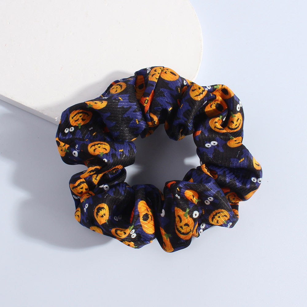 Spooky Pumpkin Ghost Scrunchie Hair Tie - B-Orange