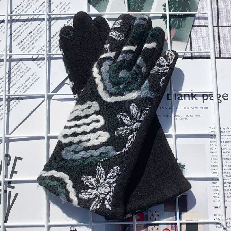 Folk Floral Embroidered Winter Gloves - Black - 1