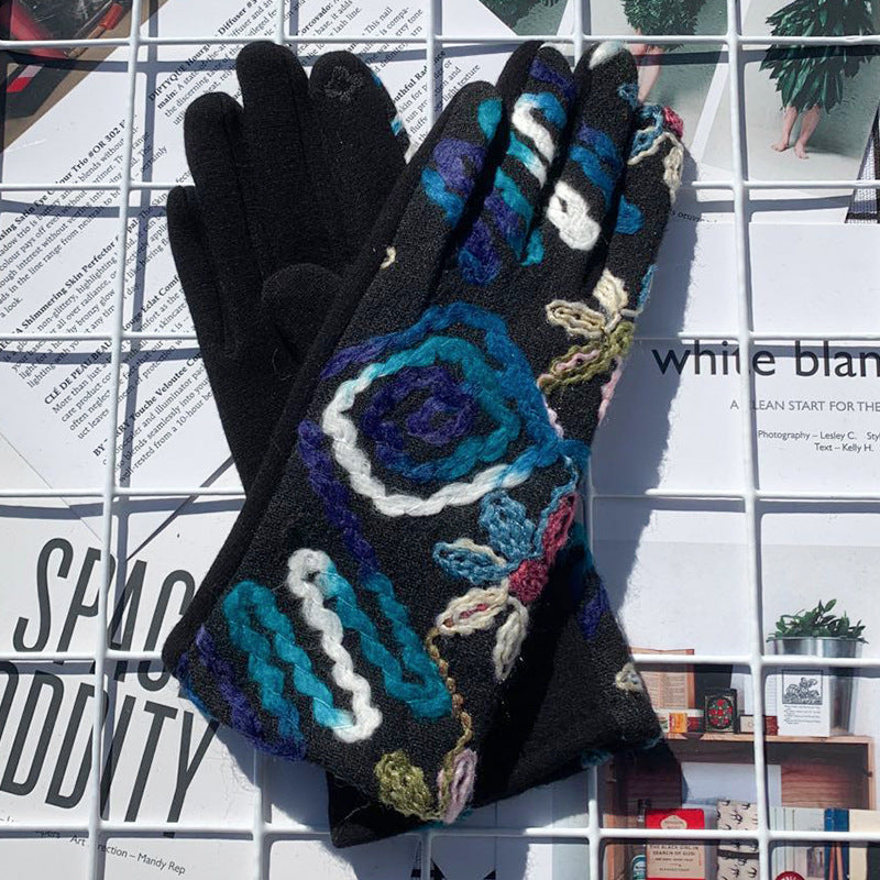 Folk Floral Embroidered Winter Gloves - Blue