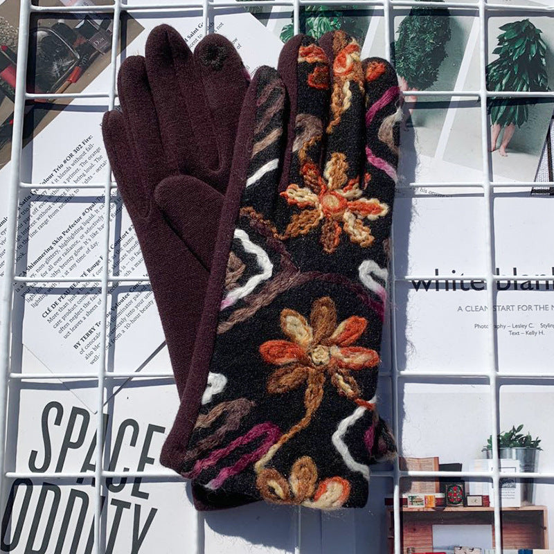 Folk Floral Embroidered Winter Gloves - Coffee