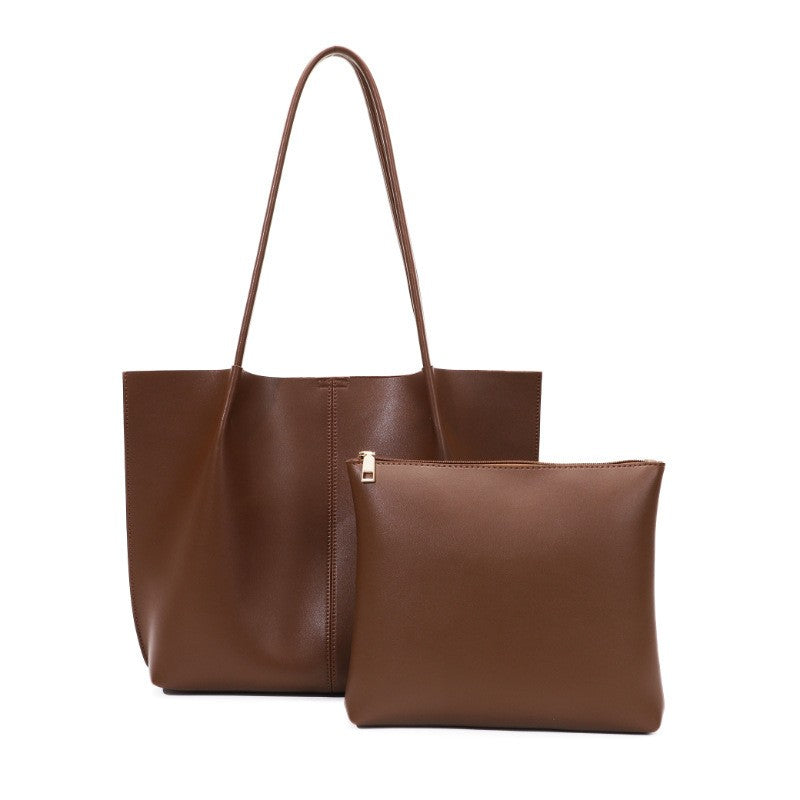 Slouchy Faux Leather Tote Bag with Pouch - Brown