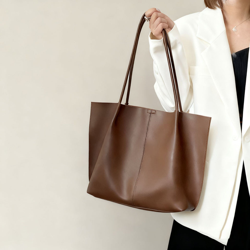 Slouchy Faux Leather Tote Bag with Pouch
