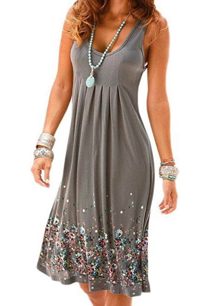 Floral Border Print Sleeveless Tank Dress - Gray