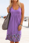 Floral Border Print Sleeveless Tank Dress - Purple