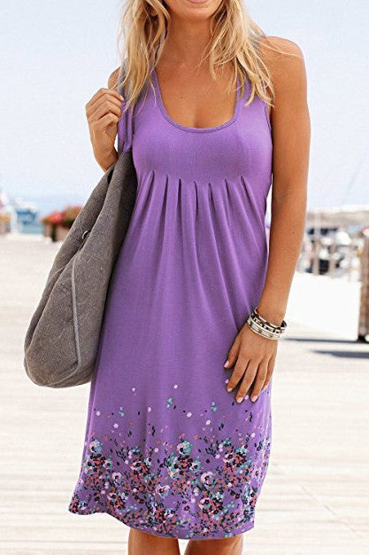 Floral Border Print Sleeveless Tank Dress - Purple