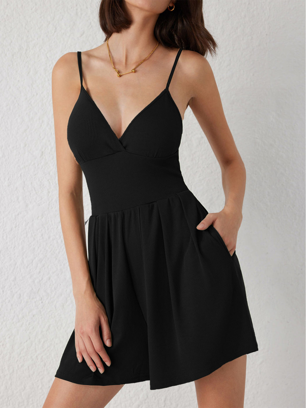 Strappy Plunge Front Flared Mini Dress - Black