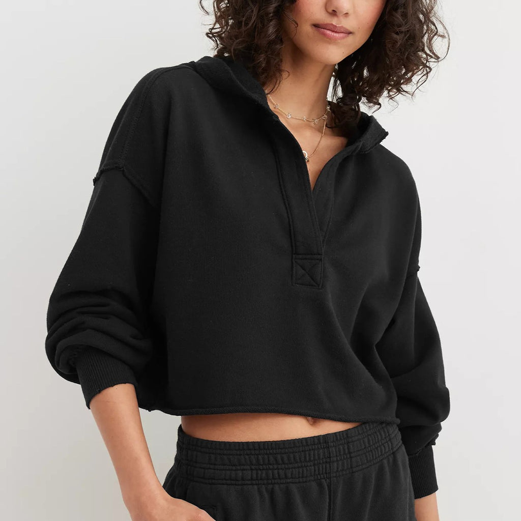 Cropped Quarter Button Balloon Sleeve Sweatshirt - Black