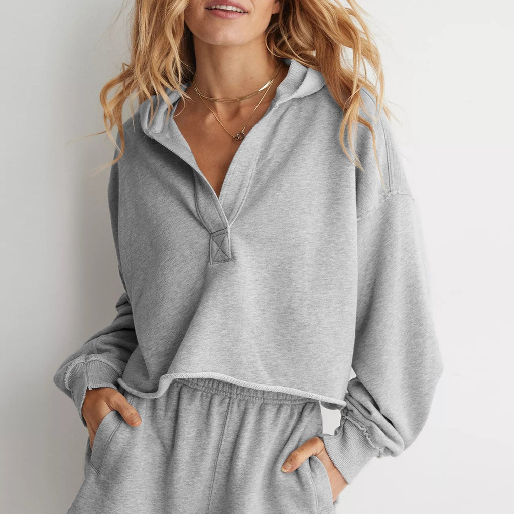 Cropped Quarter Button Balloon Sleeve Sweatshirt - Grey