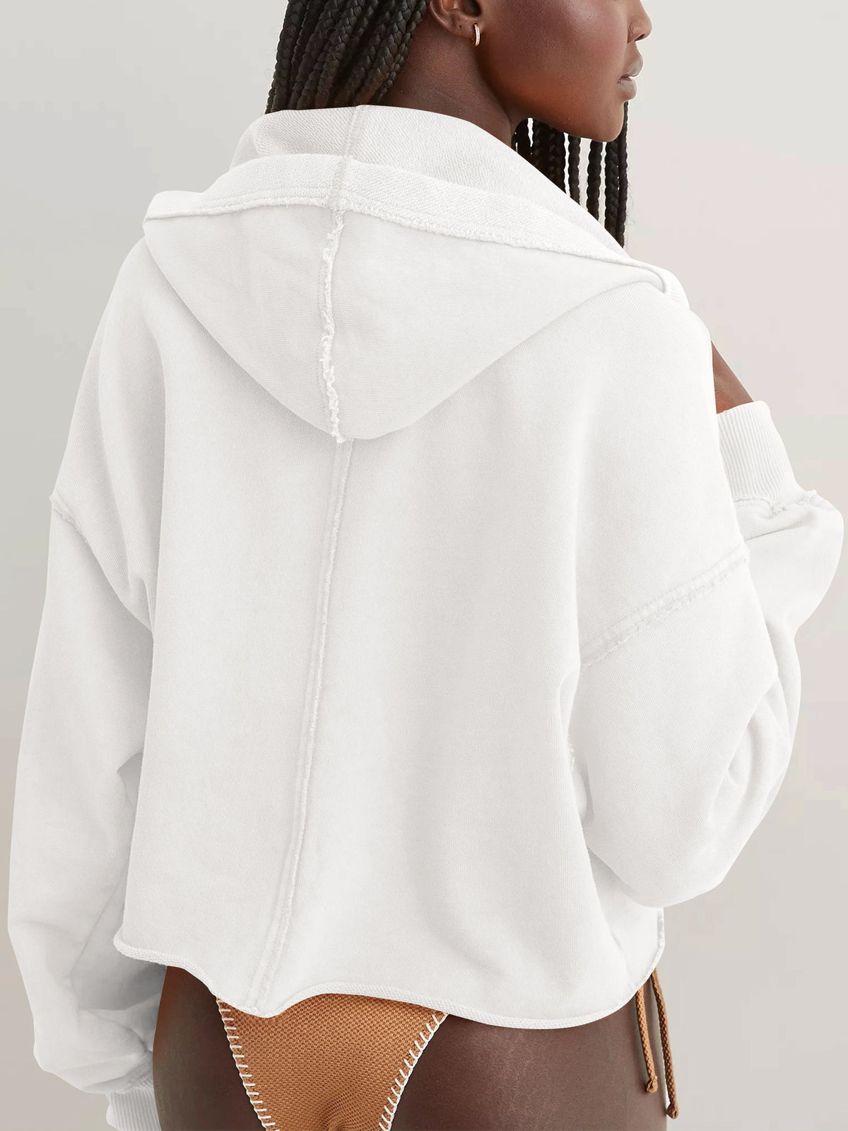Cropped Quarter Button Balloon Sleeve Sweatshirt - White - 1
