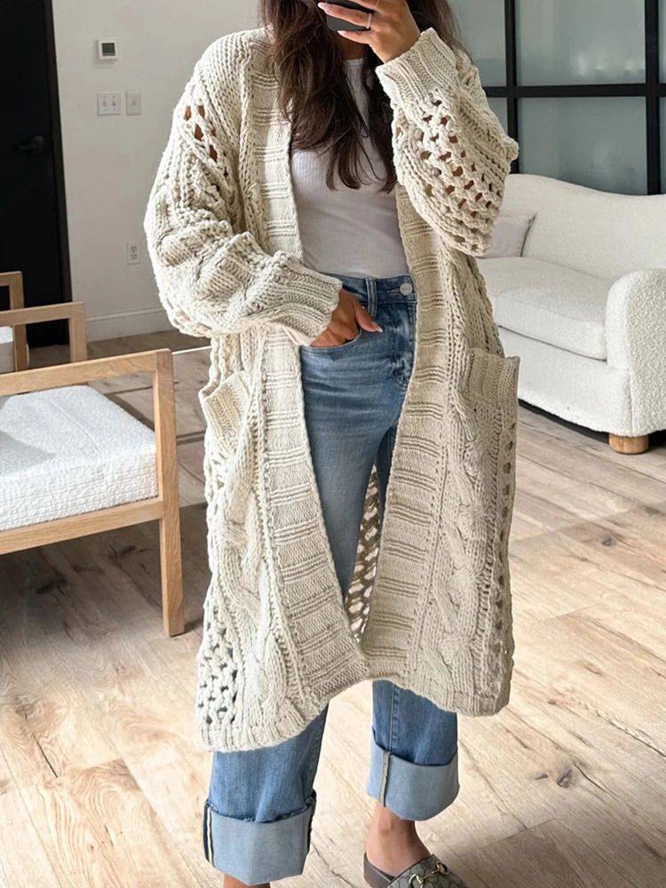 Chunky Cable Open Front Duster Cardigan - Apricot