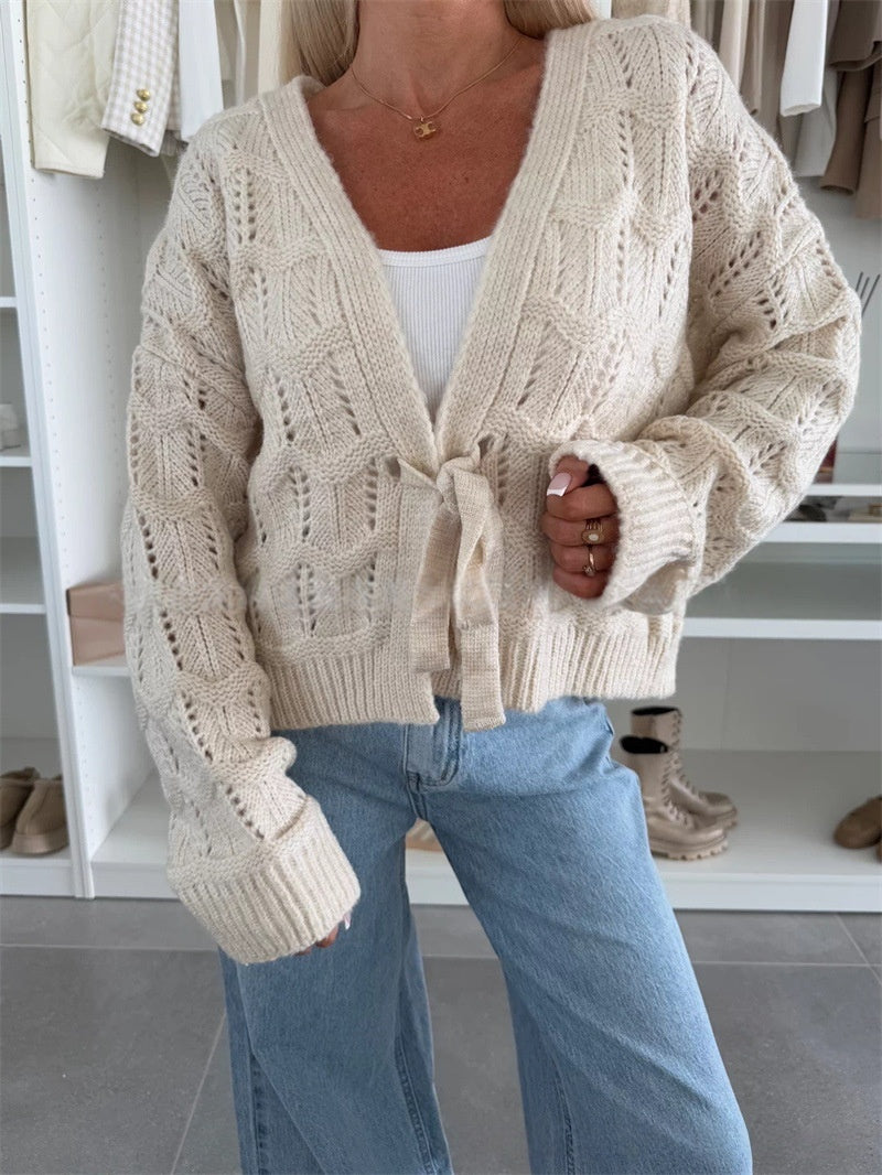 Pointelle Knit Tie Front Cropped Cardigan - Beige