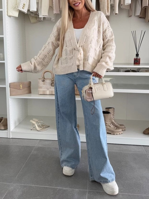 Pointelle Knit Tie Front Cropped Cardigan - Beige - 2