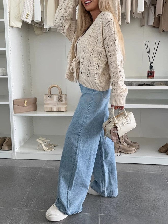 Pointelle Knit Tie Front Cropped Cardigan - Beige - 3