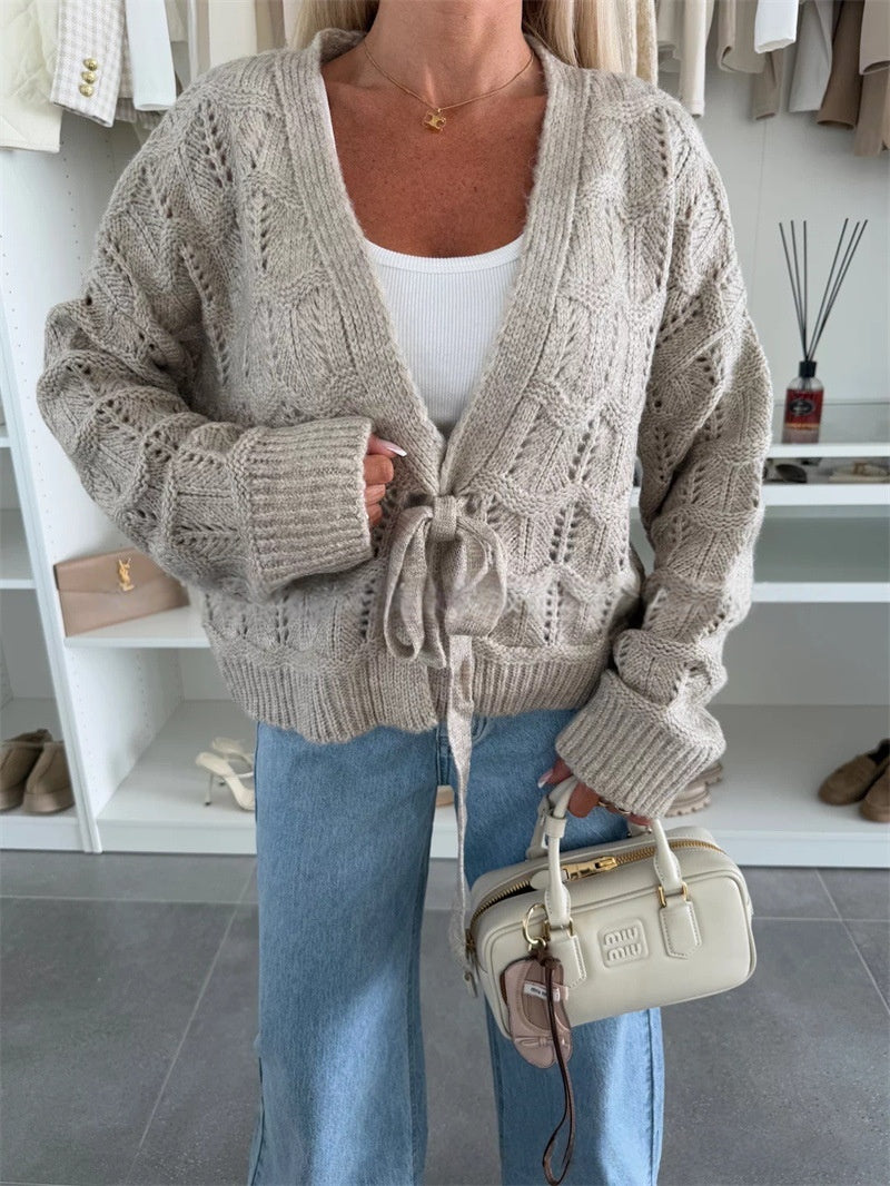 Pointelle Knit Tie Front Cropped Cardigan - Khaki