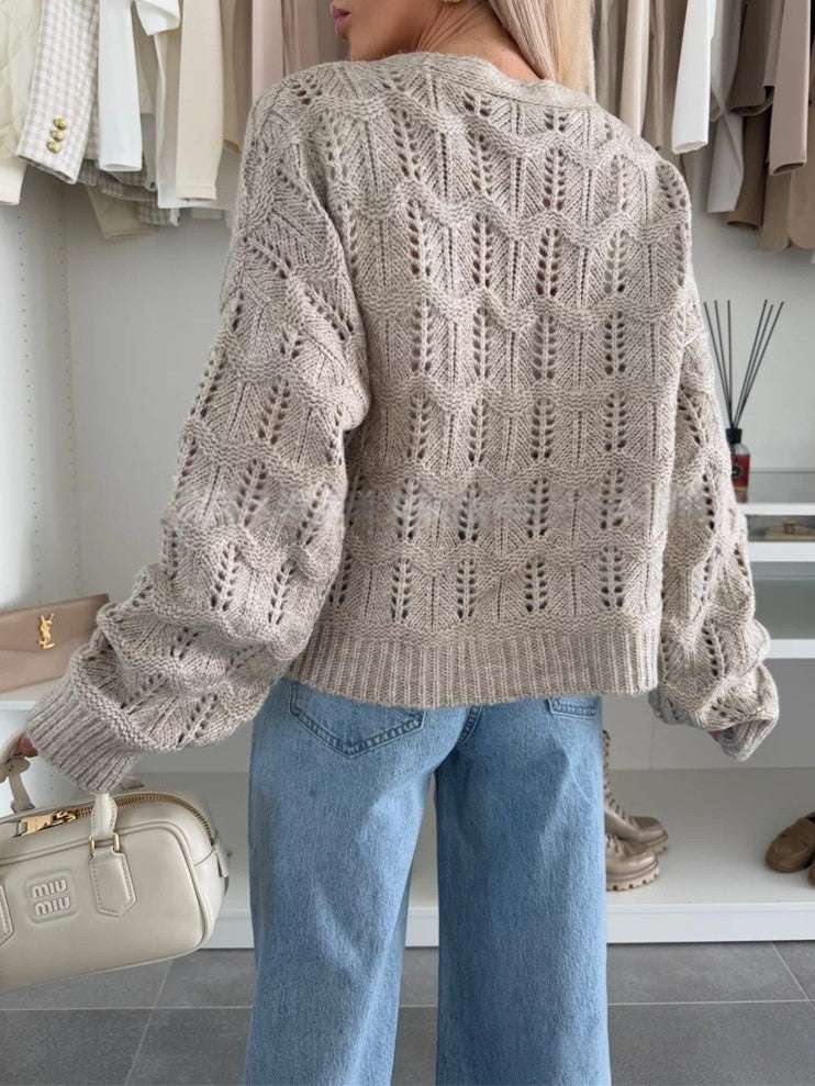 Pointelle Knit Tie Front Cropped Cardigan - Khaki - 2