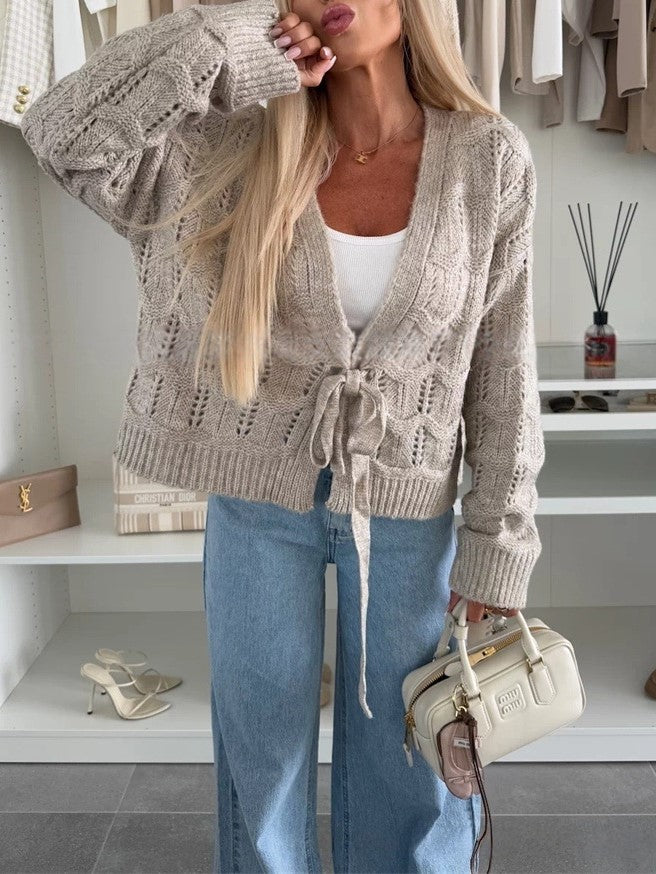 Pointelle Knit Tie Front Cropped Cardigan - Khaki - 3