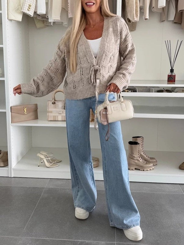 Pointelle Knit Tie Front Cropped Cardigan - Khaki - 4