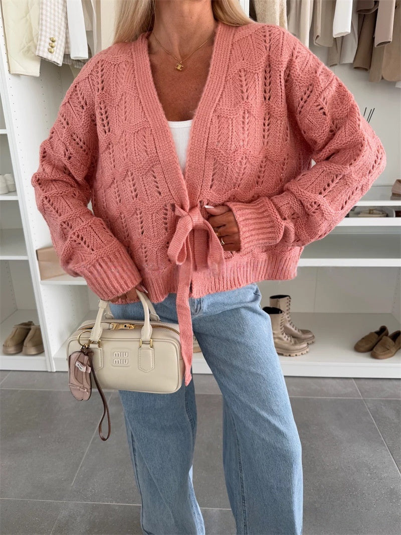 Pointelle Knit Tie Front Cropped Cardigan - Pink