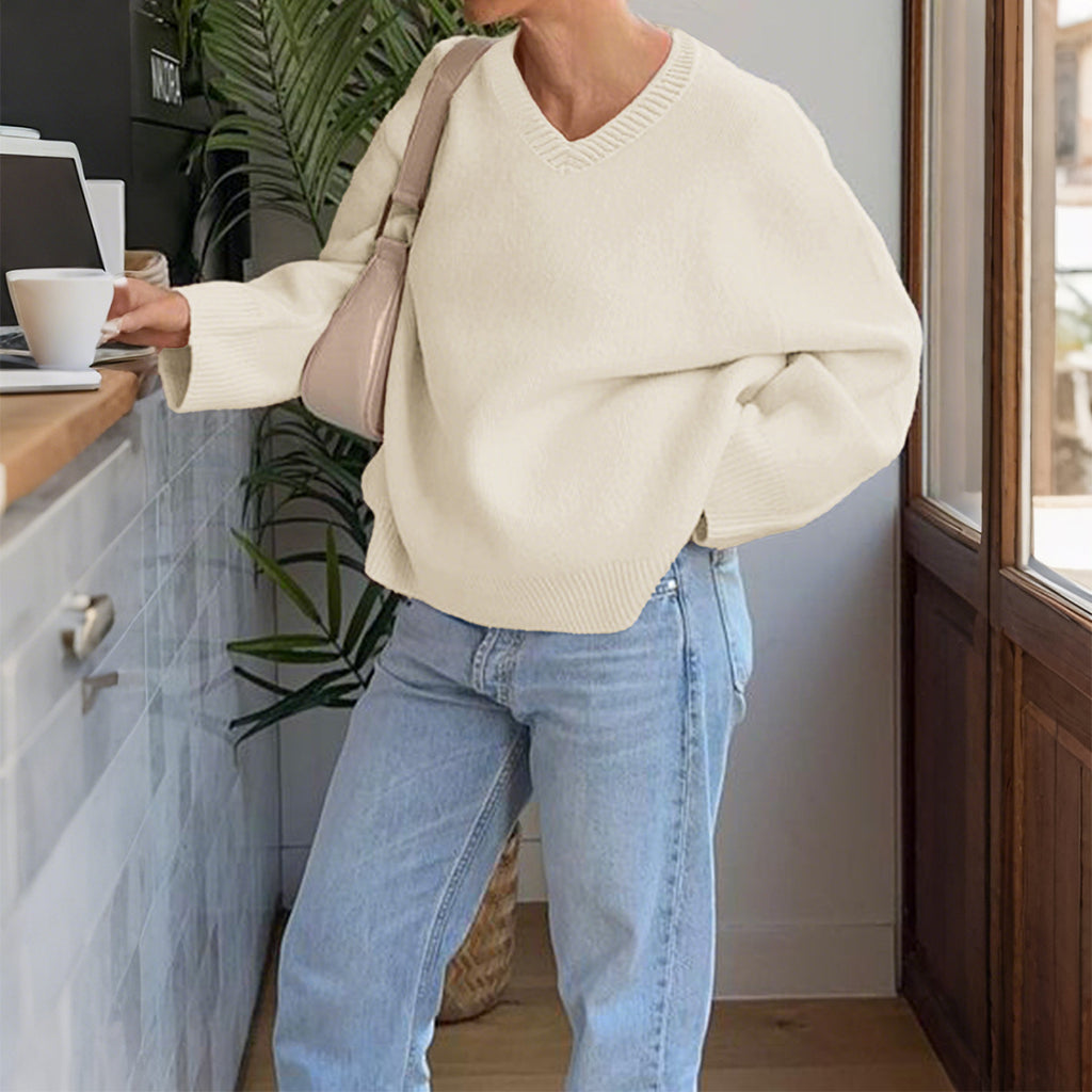 Oversized V Neck Drop Shoulder Knit Sweater - White