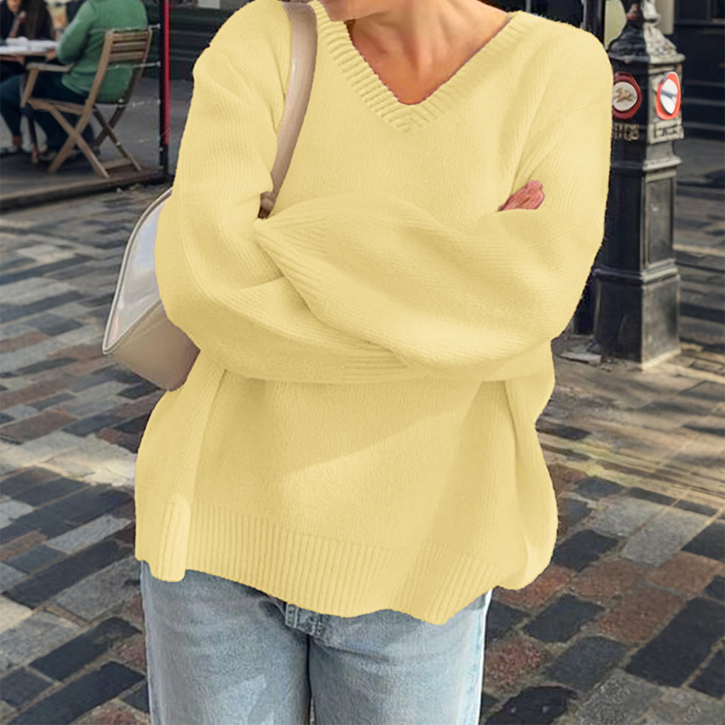 Oversized V Neck Drop Shoulder Knit Sweater - Yellow