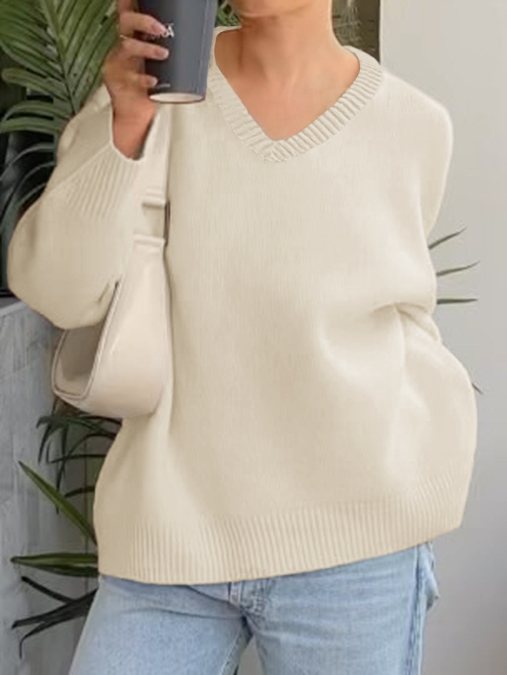 Oversized V Neck Drop Shoulder Knit Sweater