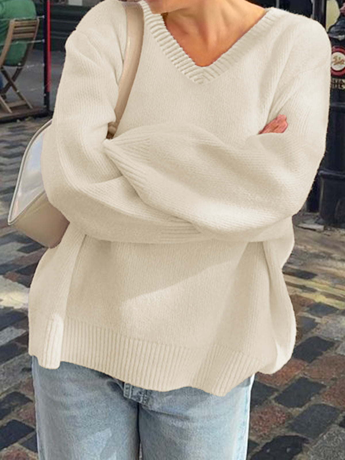Oversized V Neck Drop Shoulder Knit Sweater - view 1