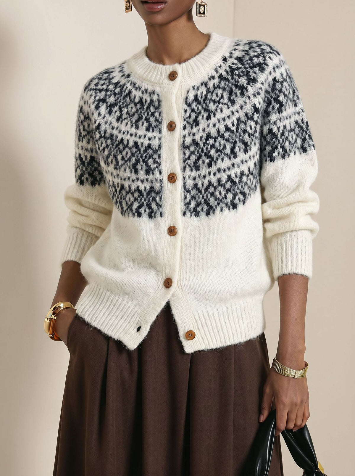Nordic Fair Isle Colorblock Knit Cardigan - Beige